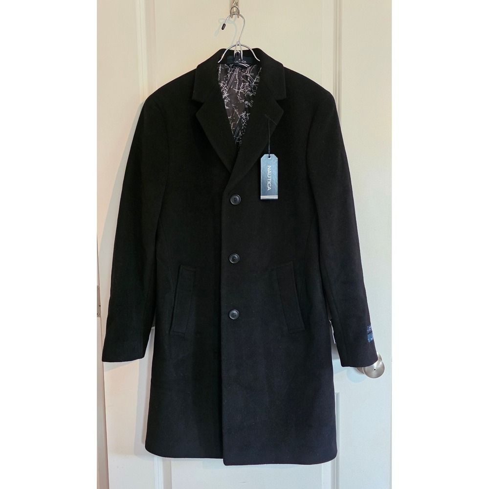 Nautica Mens Black Wool Cashmere Blend Overcoat Topcoat Size 36R NWT Business
